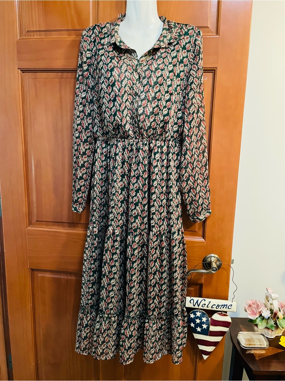 Long Sleeve Green Floral Maxi Dress with Pink Accents